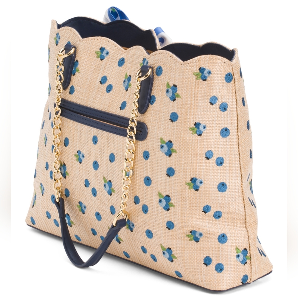 Betsey Johnson Beige and Blue Floral Scallop-Top Tote with Bow Scarf - Picture 2 of 3